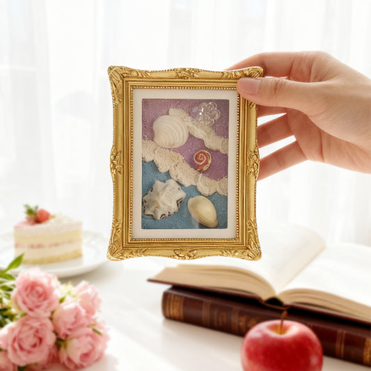 Handpainted Textured Ocean Art Magnet | Vintage Gold Frame with Real Shells | Miniature Fine Art for Home Decor