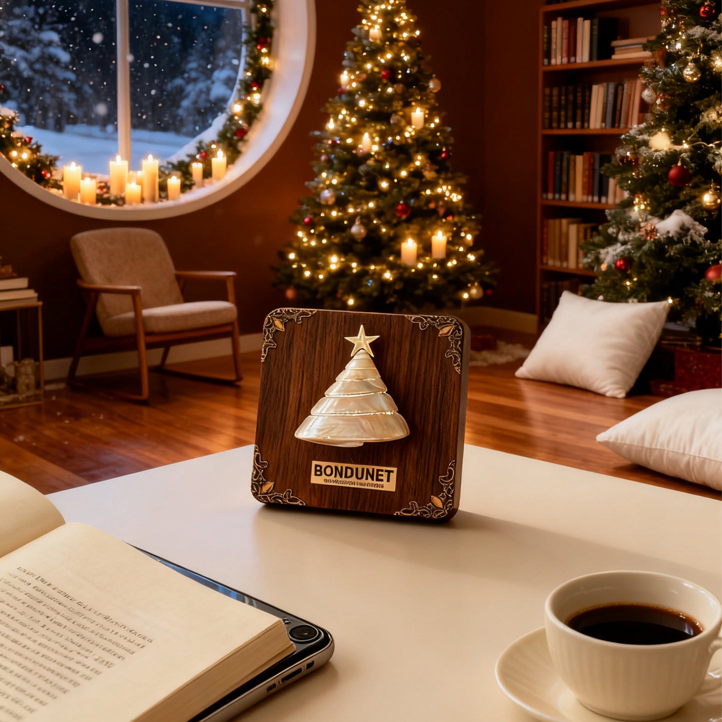 Cyber Shell Christmas Tree Night Light | Handcrafted Wood Frame with LED Conch Shell Design | Holiday Home Decor