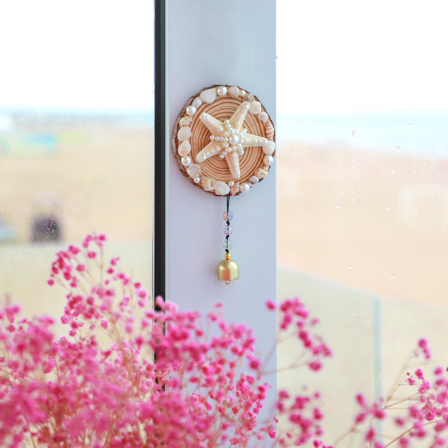 Handcrafted Ocean Wind Chime Magnet | Natural Wood & Seashells | Starfish Design with Gentle Bell Sound