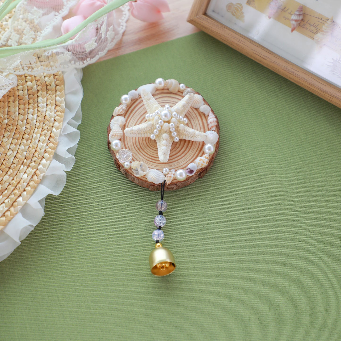 Handcrafted Ocean Wind Chime Magnet | Natural Wood & Seashells | Starfish Design with Gentle Bell Sound