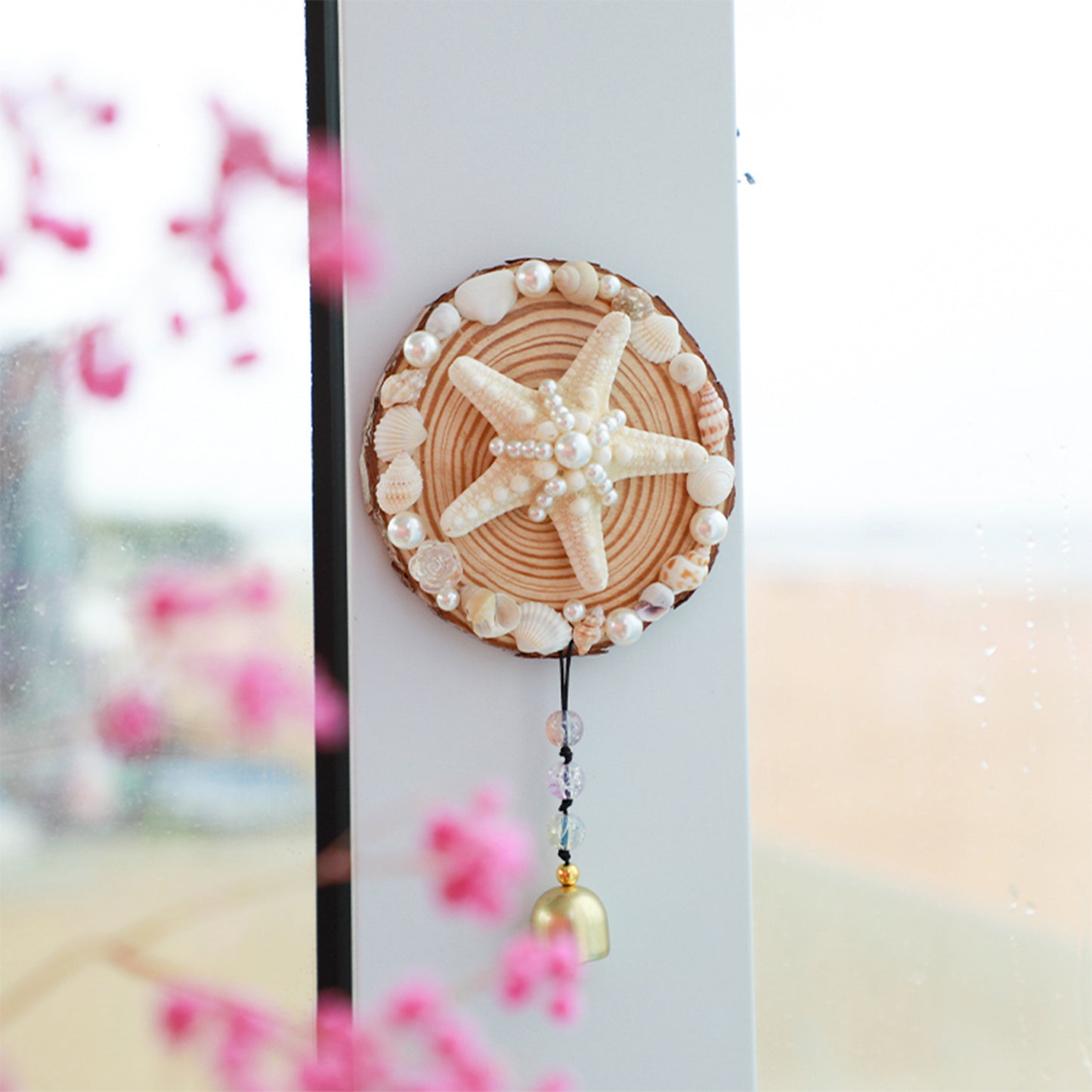 Handcrafted Ocean Wind Chime Magnet | Natural Wood & Seashells | Starfish Design with Gentle Bell Sound