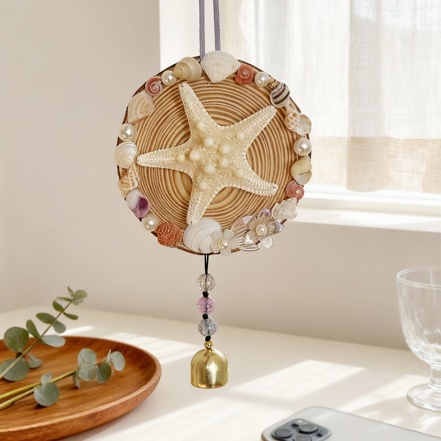 Handcrafted Ocean Wind Chime Magnet | Natural Wood & Seashells | Starfish Design with Gentle Bell Sound