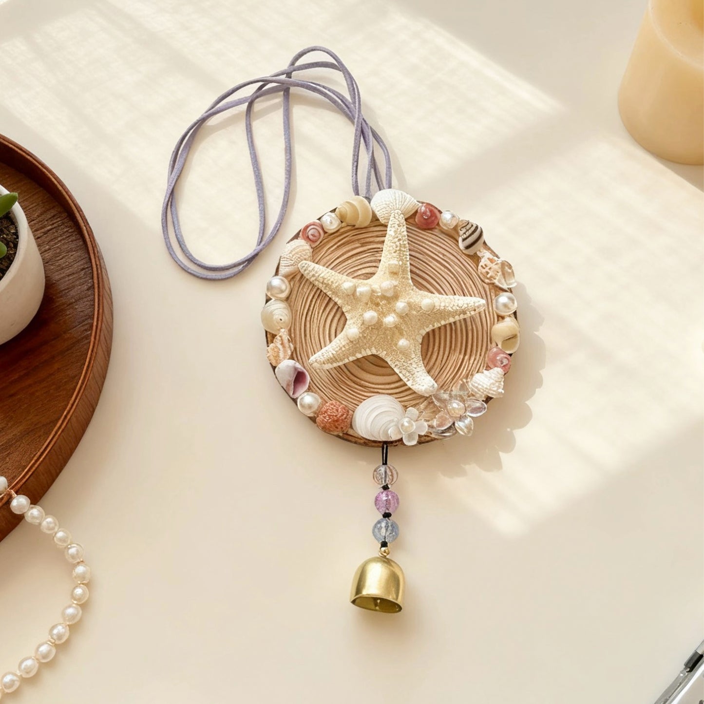Handcrafted Ocean Wind Chime Magnet | Natural Wood & Seashells | Starfish Design with Gentle Bell Sound
