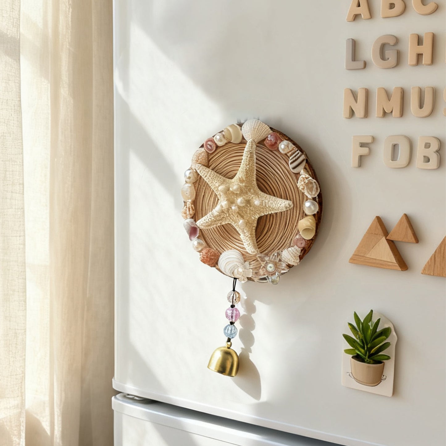 Handcrafted Ocean Wind Chime Magnet | Natural Wood & Seashells | Starfish Design with Gentle Bell Sound