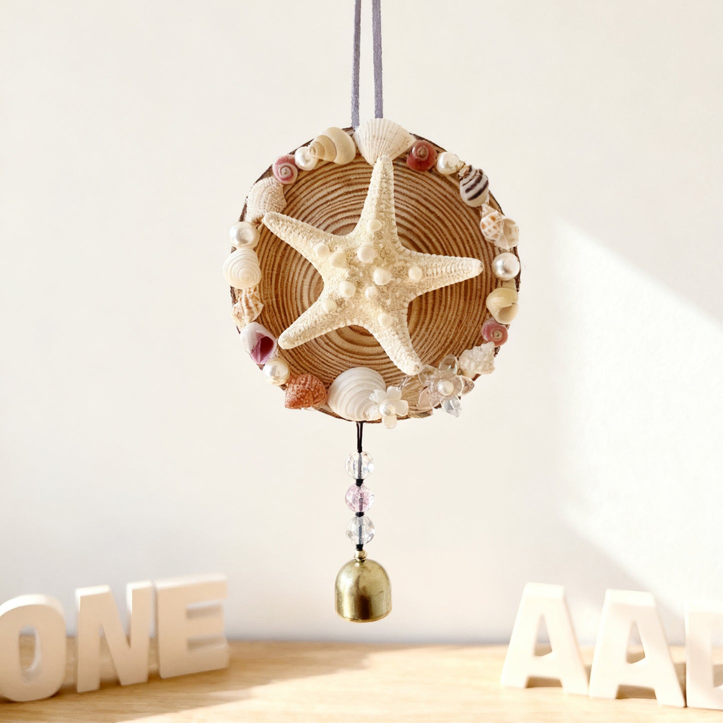 Handcrafted Ocean Wind Chime Magnet | Natural Wood & Seashells | Starfish Design with Gentle Bell Sound