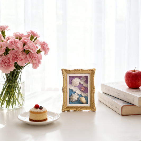 Handpainted Textured Ocean Art Magnet | Vintage Gold Frame with Real Shells | Miniature Fine Art for Home Decor