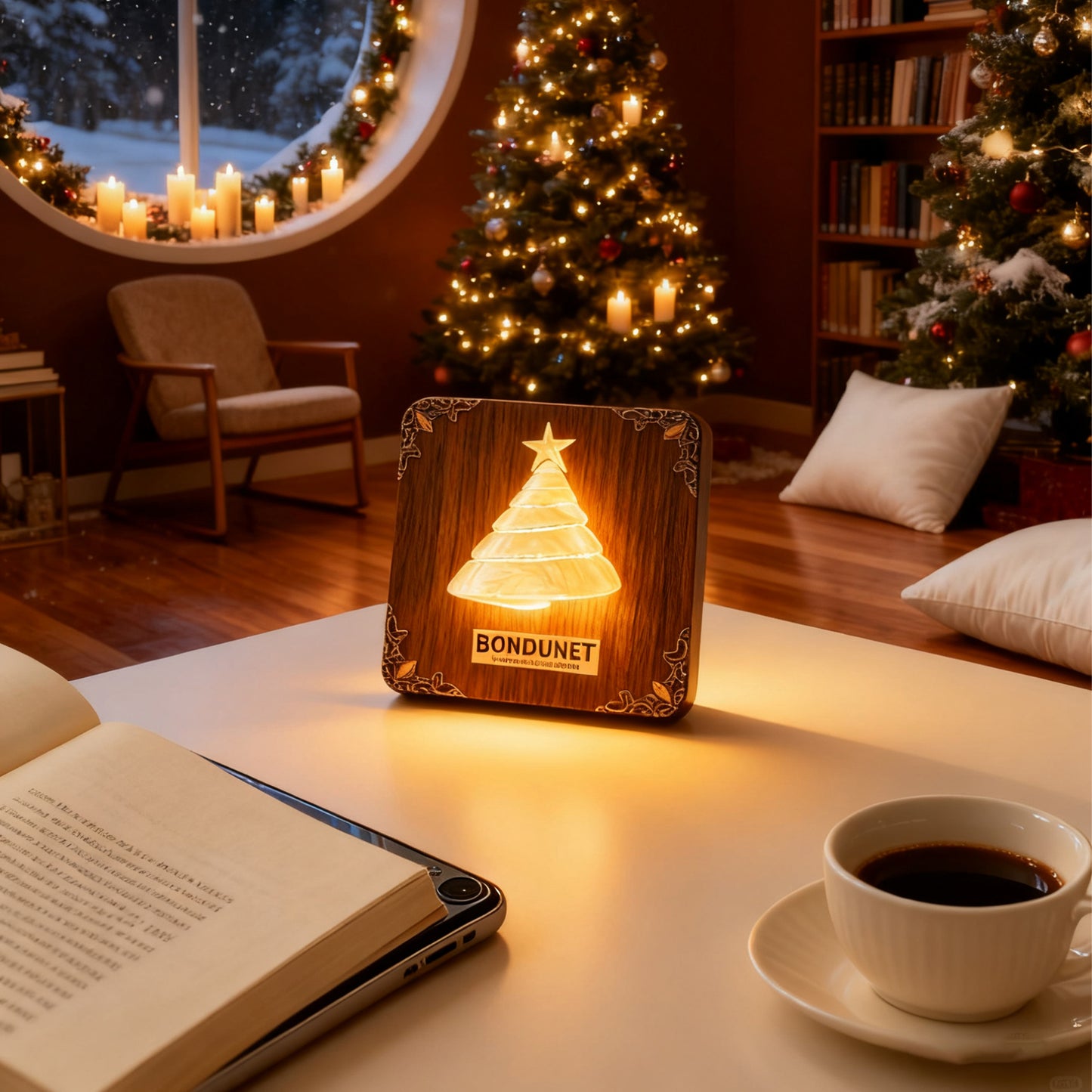 Cyber Shell Christmas Tree Night Light | Handcrafted Wood Frame with LED Conch Shell Design | Holiday Home Decor