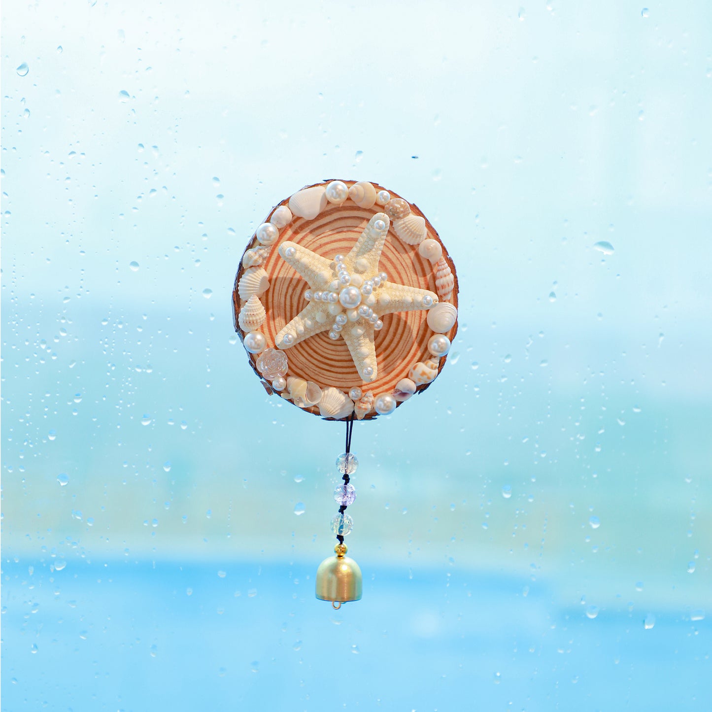 Handcrafted Ocean Wind Chime Magnet | Natural Wood & Seashells | Starfish Design with Gentle Bell Sound