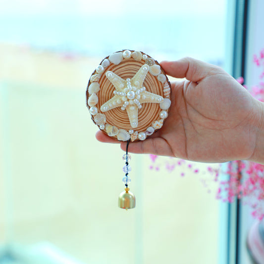 Handcrafted Ocean Wind Chime Magnet | Natural Wood & Seashells | Starfish Design with Gentle Bell Sound