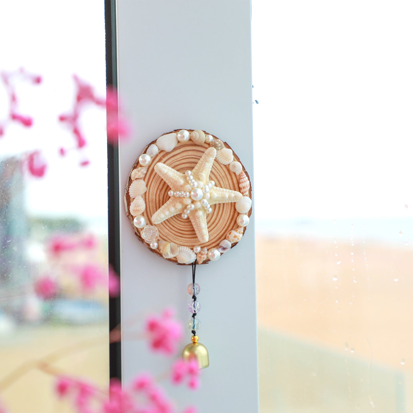 Handcrafted Ocean Wind Chime Magnet | Natural Wood & Seashells | Starfish Design with Gentle Bell Sound
